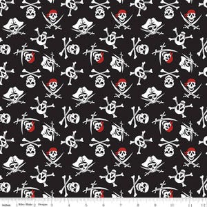 Pirate black fabric by half yard, pirate fabric, printed quilting cotton, skull quilting fabric, cross bones sewing fabric, kids fabric