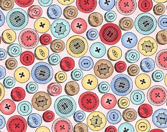 Sewing buttons fabric by half yard, pink buttons cotton, buttons quilting cotton, pink sewing items quilting fabric, pink sewing fabric