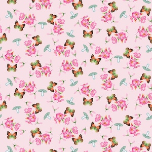 Butterfly fabric by half yard, floral cotton, pink flower quilting cotton, pink garden quilting fabric, nature sewing fabric, pink butterfly
