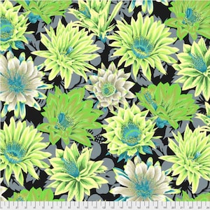 May include: A black background with a repeating pattern of green and white cactus flowers. The flowers have a blue centre and are drawn in a detailed style.
