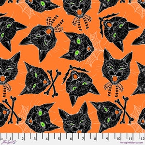 Fall fabric by half yard, orange cat printed quilting cotton, Halloween quilting fabric, spooky sewing fabric, black cat Halloween fabric