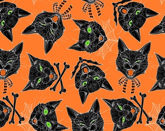 Tessuto autunnale da mezzo metro, cotone per trapuntatura stampato con gatto arancione, tessuto per trapuntatura di Halloween, tessuto da cucito spettrale, tessuto per Halloween con gatto nero