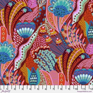 May include: A colorful fabric with a repeating pattern of stylized flowers and leaves in shades of red, orange, blue, green, and pink.