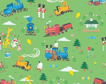 Train fabric by half yard, train print fabric, train printed quilting cotton, children quilting fabric, kids sewing fabric, railroad fabric