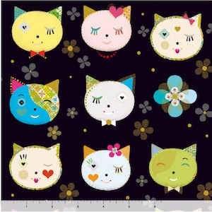 Cat fabric by half yard, black cat printed quilting cotton, cats quilting fabric, cat sewing fabric, cat head cotton fabric, kids fabric