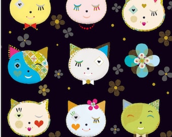 Cat fabric by half yard, black cat printed quilting cotton, cats quilting fabric, cat sewing fabric, cat head cotton fabric, kids fabric