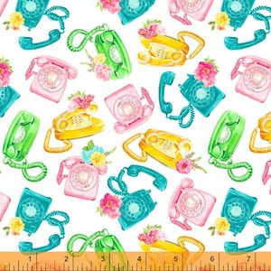 Rotary phone fabric by half yard, telephone print fabric, oldie printed quilting cotton, retro quilting fabric, rotary phone sewing fabric