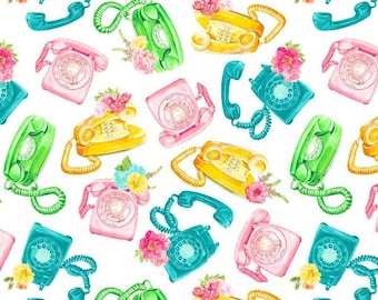 Tela para teléfono de disco por medio metro, tela con estampado de teléfono, algodón para acolchar con estampado antiguo, tela retro para acolchar, tela para coser con estampado de teléfono de disco