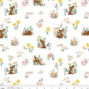 Spring fabric by half yard, garden printed quilting cotton, Easter quilting fabric, bunny sewing fabric, rabbit cotton fabric, kids fabric