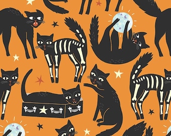 Fall fabric by half yard, ghost printed quilting cotton, Halloween quilting fabric, spooky sewing fabric, black cat Halloween fabric
