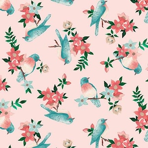 Bird fabric by half yard, spring bird cotton, pink bird robin quilting cotton, nature quilting fabric, Blank Quiling sewing fabric, spring