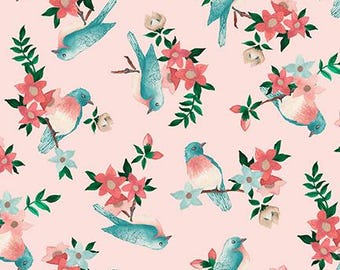 Bird fabric by half yard, spring bird cotton, pink bird robin quilting cotton, nature quilting fabric, Blank Quiling sewing fabric, spring