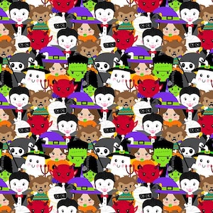 Halloween fabric by half yard, trick or treat printed quilting cotton, monster quilting fabric, spooky kids sewing fabric, witch fabric
