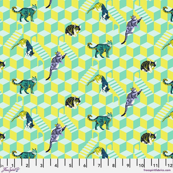 Besties fabric by half yard, Tula Pink Sitting Pretty Meadow quilting cotton, Free Spirit green cat quilting fabric, stairs fabric