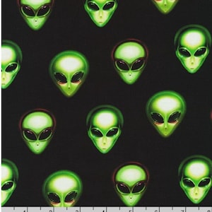 May include: A black background with a repeating pattern of green alien faces. The aliens have large, black eyes and a small mouth.