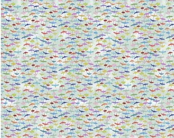 Puede incluir: Una tela con un patrón repetido de pájaros coloridos y estilizados en tonos de rojo, naranja, amarillo, verde, azul, morado y rosa. Las aves están dispuestas en filas verticales sobre un fondo verde claro. La tela mide aproximadamente 30 cm de ancho.
