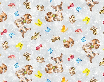 Spring fabric by half yard, bunny printed quilting cotton, animal quilting fabric, rabbit sewing fabric, chipmunk cotton fabric, kids fabric