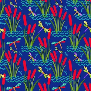 Tela de libélulas por media yarda, colas de gato de algodón, algodón para acolchado de verano, tela de acolchado natural, tela de costura de libélulas azules, tela para estanques