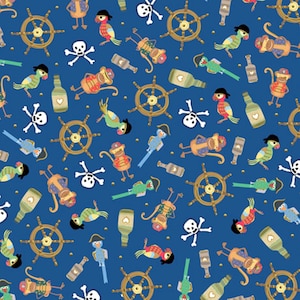 Pirate blue fabric by half yard, pirate fabric, printed quilting cotton, pirate parrot quilting fabric, pirate sewing fabric, kids fabric