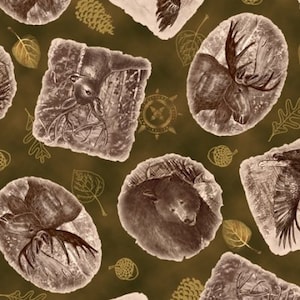 Nature fabric by half yard, wild life cotton, wild animals quilting cotton, moose quilting fabric, bear sewing fabric, Into The Woods