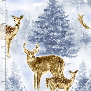 Winter deer fabric by half yard, blue deer quilting cotton, winter deer quilting fabric, winter deer sewing fabric, blue deer fabric