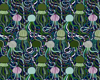 Jellyfish fabric by half yard, ocean cotton, jelly fish quilting cotton, green ocean quilting fabric, Free spirit ocean life sewing fabric