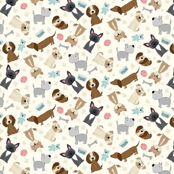 Dog fabric by half yard, puppy printed quilting cotton, cream dog quilting fabric, dog sewing fabric, beige puppy cotton fabric, Studio E