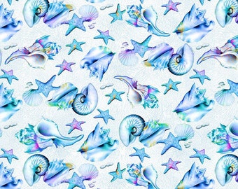 Sea shell fabric by half yard, ocean fabric, printed quilting cotton, sea quilting fabric, coral reef sewing fabric, shell cotton, beach