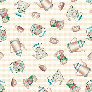 Teetassen und Teekanne Stoff 100% Baumwolle, tea time print Stoff, Cottage Quilting Stoff, grüner Teekannenstoff, Nähstoff, Quilting Stoff