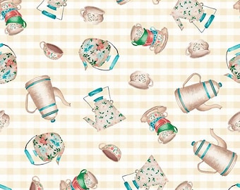 Teetassen und Teekanne Stoff 100% Baumwolle, tea time print Stoff, Cottage Quilting Stoff, grüner Teekannenstoff, Nähstoff, Quilting Stoff