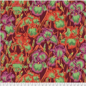 Floral fabric by half yard, flower cotton, Kaffe Fassett collective stash quilting cotton, Bearded Iris red sewing fabric, Philip Jacobs