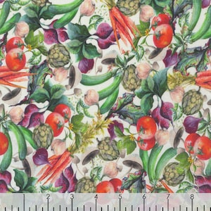 Veggie fabric by half yard, vegetables cotton, radish quilting cotton, turnip quilting fabric, veggie sewing fabric, food fabric, garlic