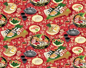 Sushi Stoff von Half Yard, Bento Box Baumwolle, Essen Quilten Baumwolle, Soho Sushi Quilting Stoff, asiatisches Essen Nähstoff, roter Sushi Stoff