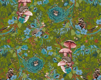 Animal fabric by half yard, animal cotton, nature quilting cotton, raccoon sewing fabric, nature fabric, Free Spirit animal fabric, mouse
