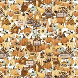 Owl fabric by half yard, pumpkin cotton, harvest quilting cotton, fall quilting fabric, nature sewing fabric, Thanksgiving fabric