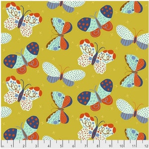 Butterfly fabric by half yard, yellow butterfly cotton, butterfly quilting cotton, nature quilting fabric, Free spirit sewing fabric, nature