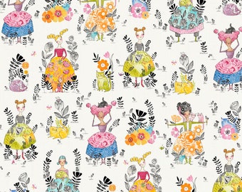 May include: A fabric design with repeating illustrations of figures in colourful dresses, surrounded by black floral and leaf motifs. Each figure is paired with a cat. The color palette includes pink, orange, yellow, blue, and green on a white background. The text "Free Spirit" is visible.