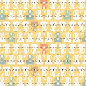 Cat fabric by half yard, funny cat printed quilting cotton, cat parade quilting fabric, cat sewing fabric, yellow kitten cotton fabric, kids