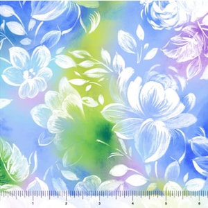 Watercolour floral fabric by half yard, floral cotton, summer quilting cotton, nature quilting fabric, blue floral sewing fabric