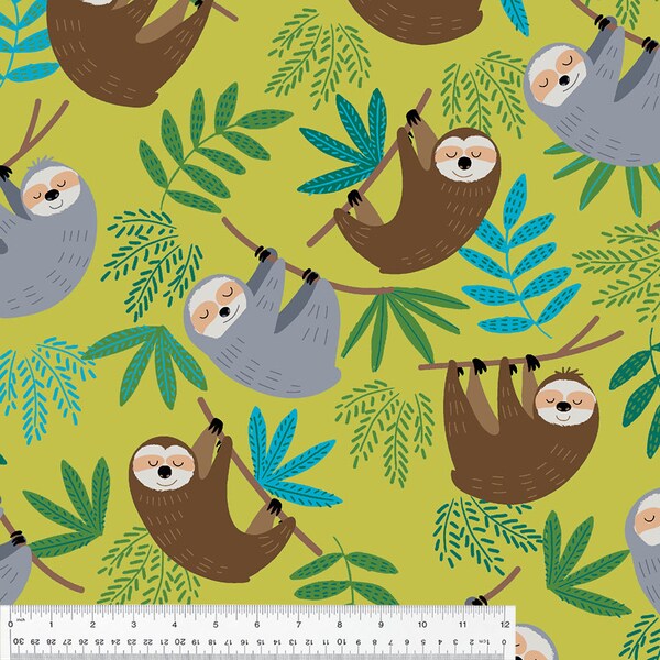 Sloth fleece fabric by half yard, kids polar fleece, sloth kids fleece, green sloth fleece sewing fabric, clothes making green fleece