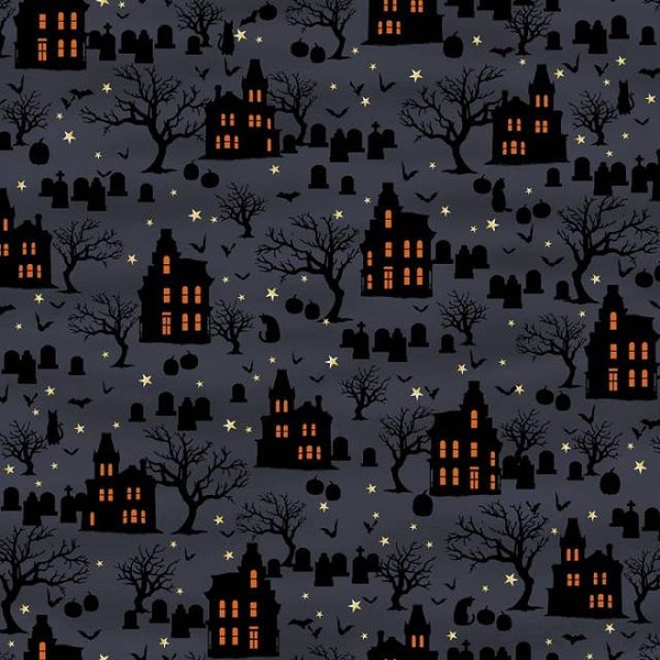 Haunted house fabric by half yard, spooky house printed quilting cotton, Halloween quilting fabric, spooky sewing fabric, kids Halloween