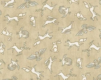 Eule Stoff ab 50cm, Waldbaumwolle, Vogel Steppstoff, Hase Quilting Stoff, Natur Nähen Stoff, Hirsch Stoff, Wildtier Stoff