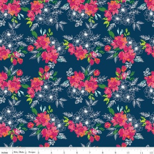 Floral fabric by half yard, bright floral cotton, navy flower quilting cotton, dark flower sewing fabric, garden fabric, navy floral