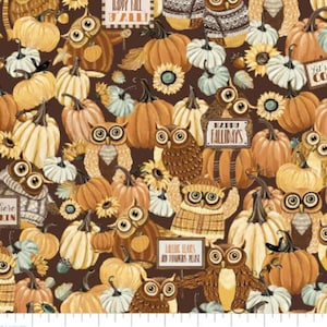 Owl fabric by half yard, pumpkin cotton, harvest quilting cotton, fall quilting fabric, nature sewing fabric, Camelot Thanksgiving fabric