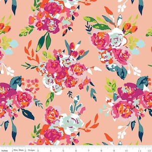 Floral fabric by half yard, bright floral cotton, peach flower quilting cotton, orange flower sewing fabric, garden fabric, blush floral