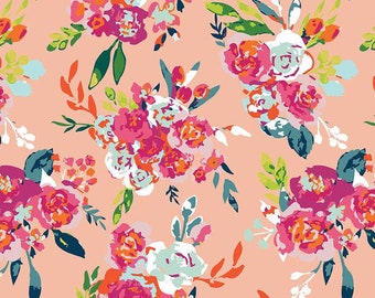 Floral fabric by half yard, bright floral cotton, peach flower quilting cotton, orange flower sewing fabric, garden fabric, blush floral