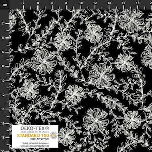Floral fabric by half yard, black and white fabric, printed quilting cotton, flower quilting fabric, branches sewing fabric, Stof European