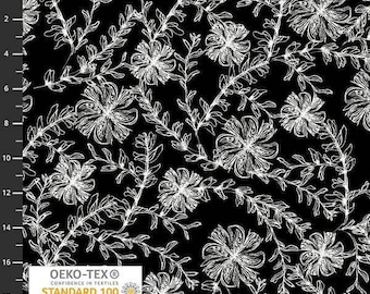 Op de afbeelding: Wit bloemenpatroon op een zwarte achtergrond. Het patroon bevat gestileerde bloemen en bladeren. De stof is gecertificeerd met de Oeko-Tex Standard 100.