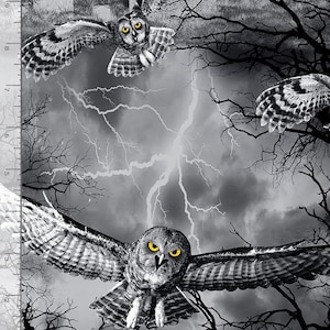 Owl fabric by half yard, black owl printed quilting cotton, Halloween quilting fabric, bird sewing fabric, realistic owl fabric, graveyard