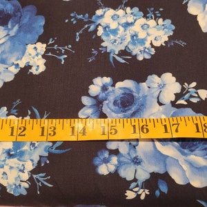 Medium blue floral fabric by half yard, flower cotton, large floral quilting cotton, navy flowers quilting fabric, blue garden sewing fabric